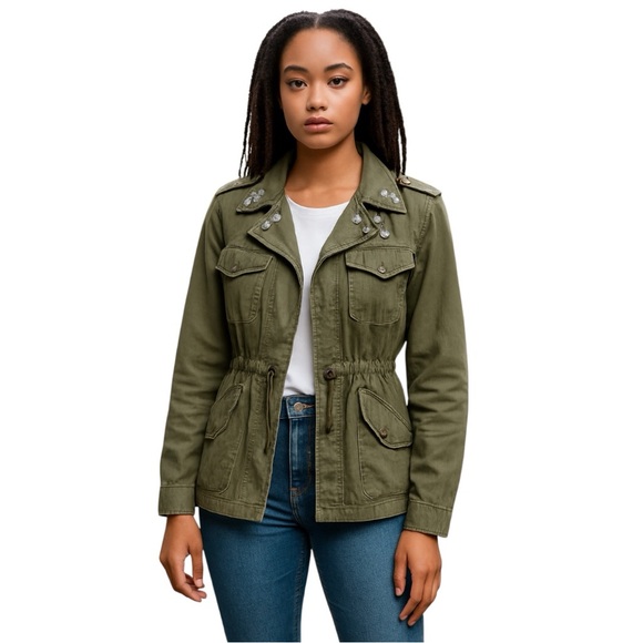 Y2K Dolled Up Jacket Juniors M Olive Green Utility Zip Up Distressed Draw String - Picture 1 of 15